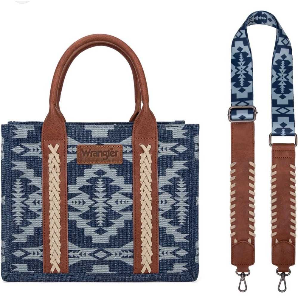 Wrangler Mini Tote Bag Womens Blue Aztec Denim Crossbody NWT WG2212-8120JN